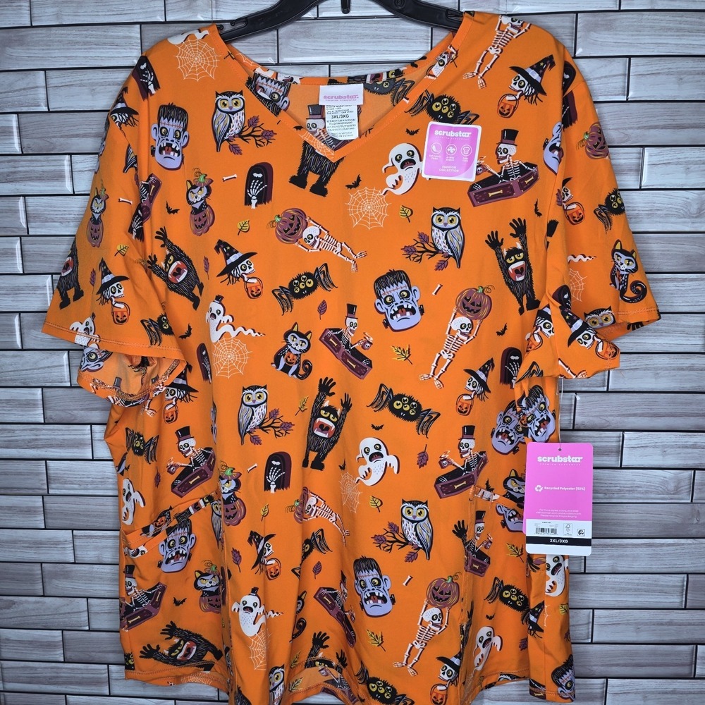 New Scrubstar Women's 3XL Orange Halloween Short Sleeve V Neck Scrub Top